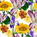 Vintage floral seamless background pattern. Beautiful tulips flower with tigridia, sunflowers and clematis flowers. Royalty Free Stock Photo