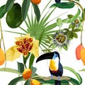 Seamless pattern with lilies tigridia flowers and tropical leaves, toucan bird and fruits. White background.