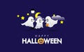Happy Halloween Greeting Card. Cartoon Ghosts Meet under Street Lamp at Halloween Night Vector Design