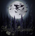 Happy halloween banner with full moon, witch and castle silhouettes