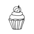 Vector illustration, hand-drawn cupcake in the doodle style. Black and white image. Delicious cupcake for postcards, greetings, th