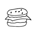 Drawing of a cheeseburger, an illustration in the style of a doodle burger with cutlets.