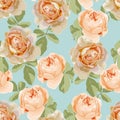 Roses seamless pattern. Large orange flowers and green leaves on blue background. Royalty Free Stock Photo