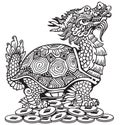 Dragon Turtle sitting on a lot of coins. Black and white Royalty Free Stock Photo