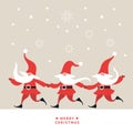 Three cute funny Gnomes . Christmas greeting card.