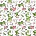 Cute cacti in pots. Seamless vector pattern for design of fabric, paper, packaging. Love, pink hearts and houseplants