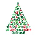 We Woof You A Merry Christmas - funny greeting, and paw print Christmas tree.