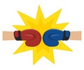 Boxing gloves fight icon, red vs blue. Battle emblem cartoon vector illustration. Boxing gloves Red and Blue hitting together. Box