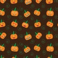 Funny pumpkin emoji seamless pattern on dark brown background