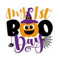 My first boo day - cute Halloween greeting with pumpkin in witch hat, and spider.