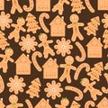 Seamless pattern with gingerbread man, snowflake, house, candy. Christmas cookie. Royalty Free Stock Photo