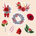Set of Christmas stickers. Symbols of the holiday. Cartoon images of a composition, berry christmas tree, flowers. Royalty Free Stock Photo