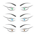 Set of women`s green, blue, brown eyes with eyebrows, eyelashes