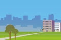 Park with green lawns, trees, hospital building, school on the background of the outlines of city buildings vector illustration Royalty Free Stock Photo