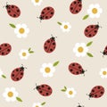 Seamless pattern with ladybugs and daisies. Vector illustration.