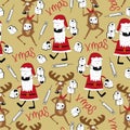 Seamless pattern for Christmas - Funny reindeer and Santa Claus with toilet papers and vaccine.