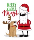 Merry Christ Mask - Santa Claus and cute dog in face mask. Royalty Free Stock Photo