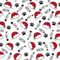 Cat paw , fish bone, and santa hat seamless pattern for Christmas