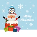 Cute Christmas greeting card with Santa and penguin on the roof.