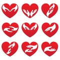 Heart icons with caring hands logo editable vector design on white background. Royalty Free Stock Photo