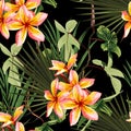 Orange plumeria flowers. Seamless floral pattern with yellow glossy flowers and palm leaves.