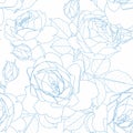 Line roses flower pattern , seamless repeatable texture wallpaper on blue line on white background. Royalty Free Stock Photo