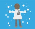 Print  A young  girl rejoices at the falling snow. Royalty Free Stock Photo