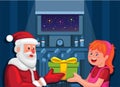 Santa giving gift to girl on christmas season cartoon illustration vector