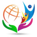 Caring hands earth globe world active family people teamwork union education success happy healthy society care concept vector