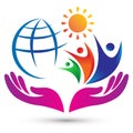 Family care globe planet safe people caring happy active success hands sun bright future logo vector elements design.