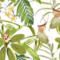 Tropical seamless pattern. Summer print. Jungle rainforest. Nepenthes, genus of carnivorous plants.