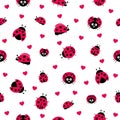 Ladybugs with hearts seamless pattern. Ladybirds insects flying with open wings and big eyes Royalty Free Stock Photo