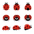 Ladybugs cute characters set. Ladybirds insects flying with open wings and big eyes