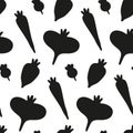 Root vegetable silhouettes. Food seamless pattern. Black white continuous garden wallpaper texture. Contrast vegetable background Royalty Free Stock Photo