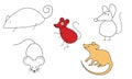 Vector illustration Simple line drawing of animals, various types of rats, colored