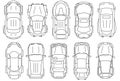 Cars top view thin line vector icons. Set of model car sedan, taxi and ambulance car in linear style illustration