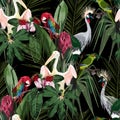 Tropical floral print. Parrot, crane, pelican bird in the jungle in the dark exotic forest, seamless pattern