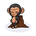 Cute baby chimpanzee cartoon leaning against tree stump