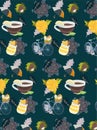 Seamless pattern with bysicle and flowers on the teal background