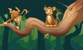 Cartoon of happy monkeys playing on the tree branch