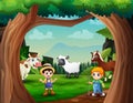 The farmers herding farm animals in green field illustration