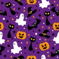 Halloween Seamless Pattern  Design With Ghost, Bat, Pumpkin, Witch Hat And Black Cat, On Purple Background.