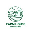 Farmhouse logo template. Field, trees and house in outline style.