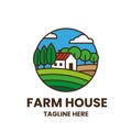 Farmhouse logo template. Colorful emblem with field, trees and house.