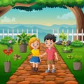 Cartoon two teenagers shaking hands on a park road Royalty Free Stock Photo