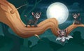 Cartoon a bat and black cats on tree at night Royalty Free Stock Photo