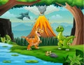 Dinosaurs at the jungle with volcanic eruption background