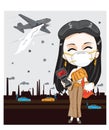 Illustration, vector, woman wearing Thai dress, holding a mask and a dust meter. exceed the standard