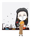 Illustration, vector, woman wearing Thai dress, holding a mask and a dust meter.