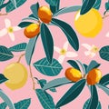 Seamless citrus pattern with leves on a pink background. Hand drawn illustration with lemons.